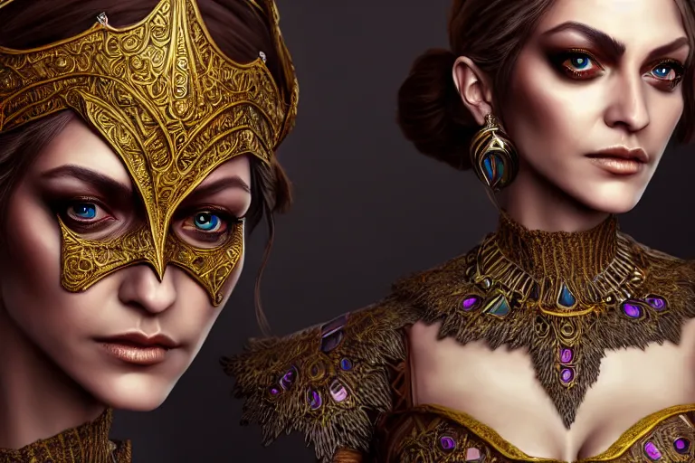 Image similar to a full portrait of a beautiful woman wearing, wearing extremely detailed attire, slim complexity, extremely detailed eyes, medievil, dnd, extremely detailed, high quality, trending on artstation, photo realistic