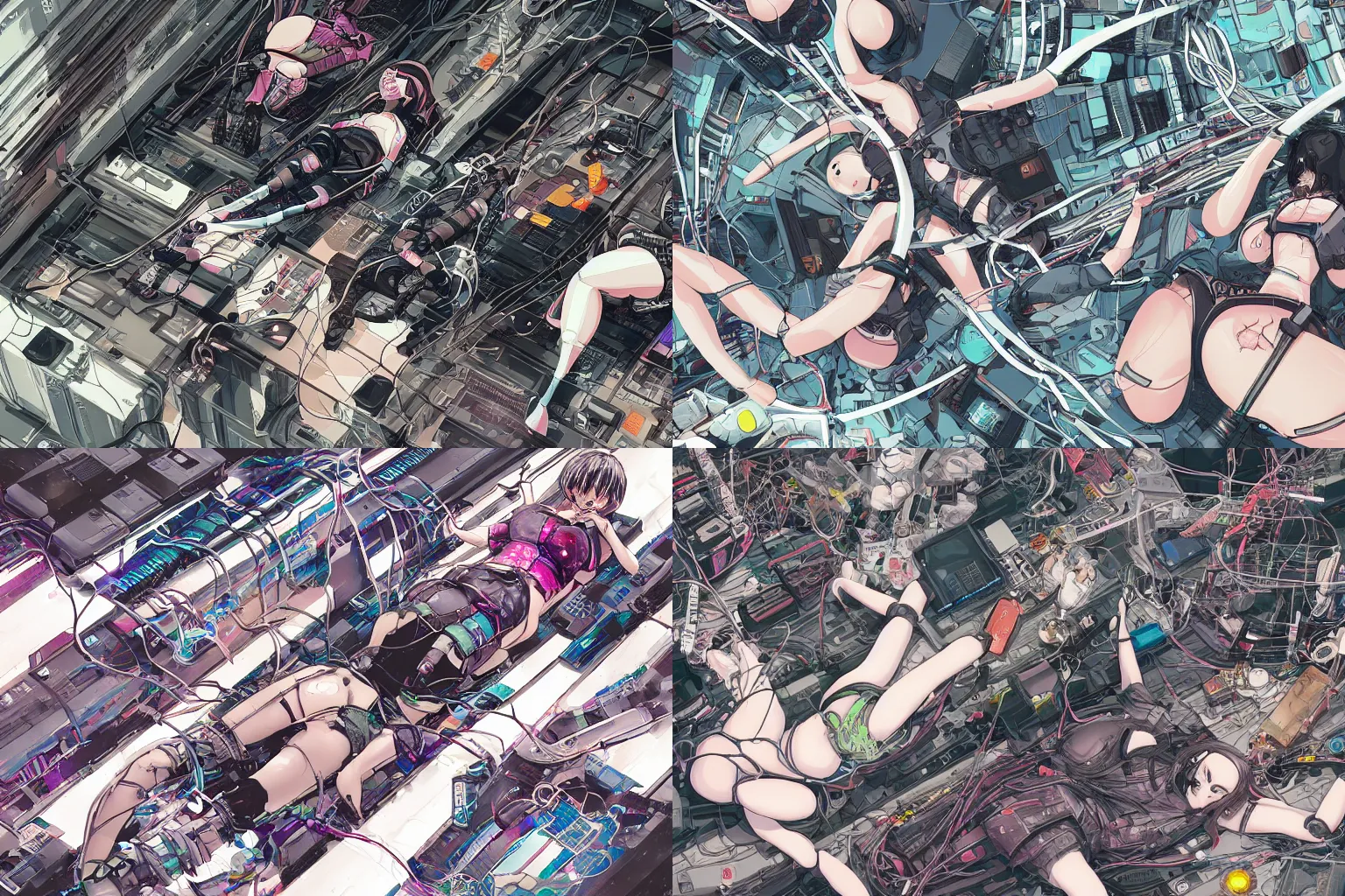 Prompt: a cyberpunk illustration of a group of coherent female androids in style of masamune shirow, lying on an abstract, empty, white floor with their body parts scattered around and cables and wires coming out, by katsuhiro otomo, hyper-detailed, intricate, colorful, view from above, wide angle, close up, beautiful