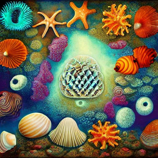 Image similar to underwater Corral Reef, seashells, ocean, Abstract, sacred geometry fungi, seahorse, high detail, photorealistic, surrealism, Flower of life