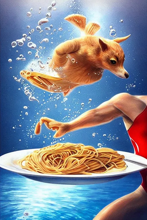 Image similar to olympic diving springoard, diver is diving head down into a dish of pasta, detailed realistic art, artgerm