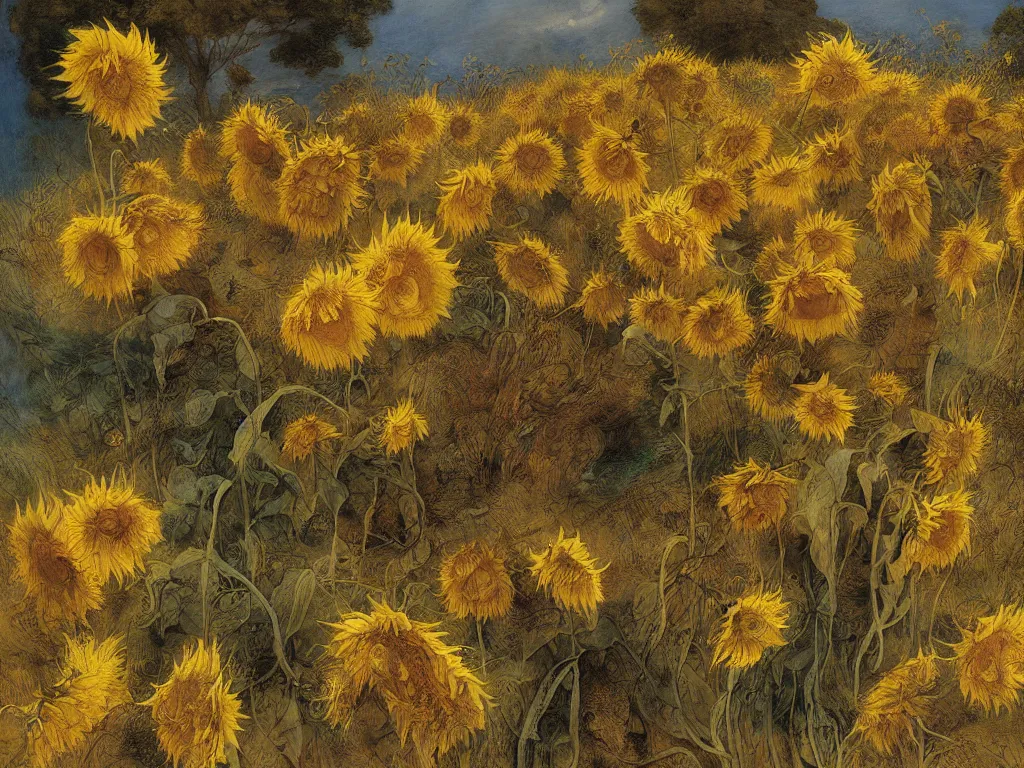 Prompt: withered dry sunflowers, rippling, minimalist environment, by esao andrews and maria sibylla merian eugene delacroix, gustave dore, thomas moran, pop art, art by charles burns, andrew wyeth