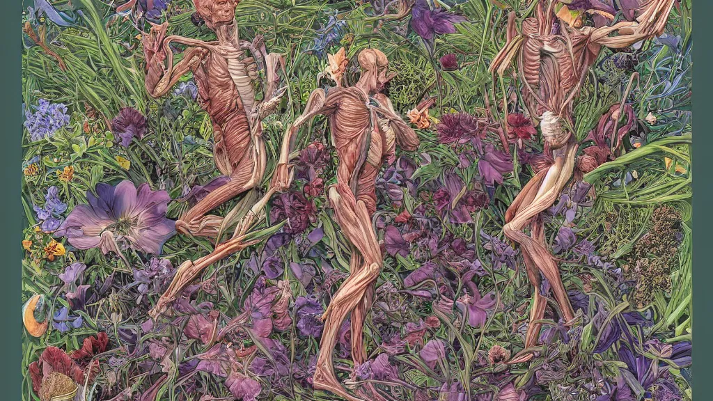 Prompt: highly detailed illustration of a human anatomy body with all the known species of flowers by juan gatti, by moebius!, by oliver vernon, by joseph moncada, by damon soule, by manabu ikeda, by kyle hotz, by dan mumford, by kilian eng