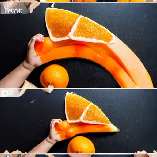 Image similar to making of an edible giraffe from an orange step by step, starting from the firs step, a whole orange, each step is a progression