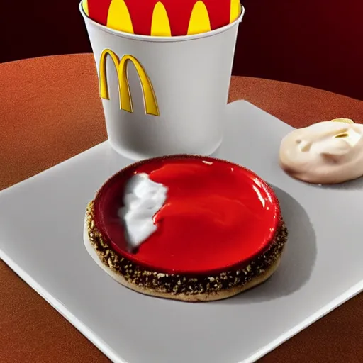 Prompt: Mcdonalds new dish - the McRonald a desert made with bright red cow\'s blood