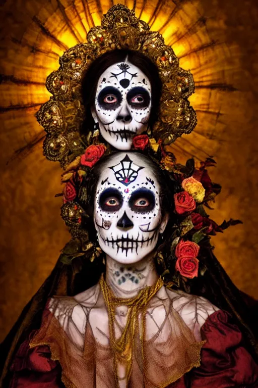 Prompt: 1 9 1 0's virgin mary dia de muertos dress and make up, horrific beautiful vibe, evocative, atmospheric lighting, painted, intricate, highly detailed, leesha hannigan, wayne haag, reyna rochin, ignacio fernandez rios, mark ryden, iris van herpen, stunning, gorgeous, sharp focus, cinematic, masterpiece