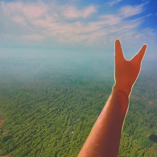 Prompt: a big hand giving a thums up through the clouds. sunshine rays