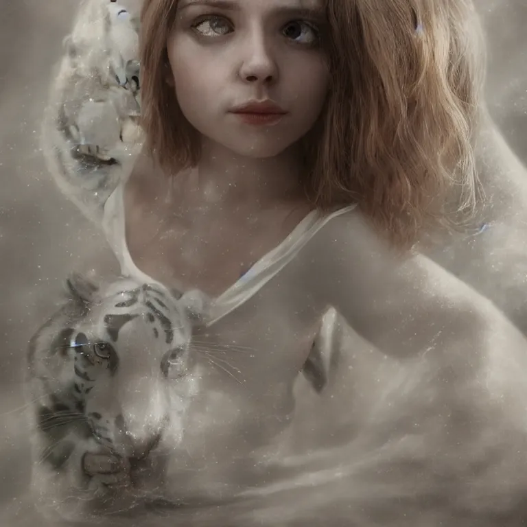 Prompt: hight focus of a wonderful realistic focused sweet wonderful symmetrical mid portrait of a lonely woman with a detailed majestic, large, semi transparent cream cotton dress who is wrestling with a realistic white tiger, dramatic light, octane render - 8 k