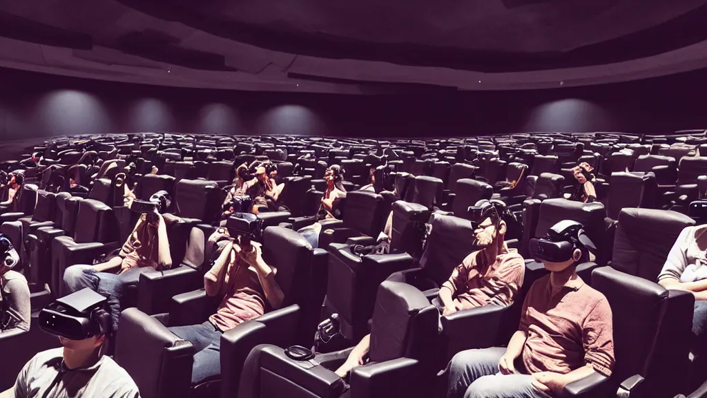 Prompt: people in a busy dark movie theatre, all of themare wearing vr headsets with art direction by salvador dali, wide lens