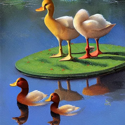 Prompt: A chess game between two ducks in a pond, art by Dmitry Dubinsky