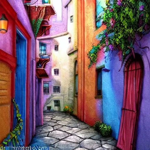 Image similar to narrow street between houses, colorful, fantasy art, concept art, high detail