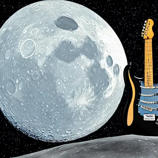 Image similar to a detailed, realistic, idle, regular sized stratocaster fender guitar next to a detailed, realistic, idle, regular sized beer can on the moon. detailed photo. realistic photo