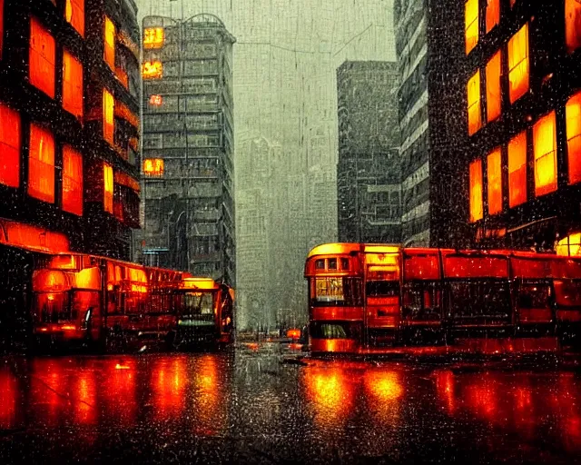 Image similar to rainy autumn day in the city in the style of cyberpunk noir art deco