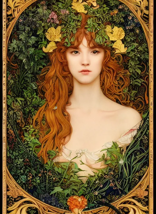 Image similar to masterpiece beautiful seductive flowing curves preraphaelite face portrait photography, extreme close up shot, straight bangs, thick set features, yellow ochre ornate medieval dress, miho hirano, amongst foliage mushroom forest circle arch, william morris and kilian eng and mucha, framed, 4 k