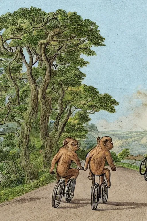 Image similar to two monkeys riding a tandem bicycle down a winding road, drawn by Nicholas John Frith