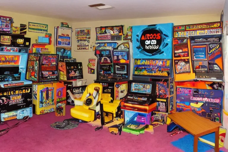 Image similar to photo of a 1 9 8 0 s video game room