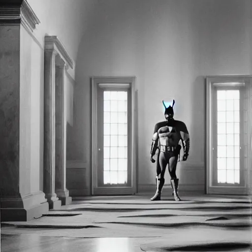 Image similar to Batman standing in giant Italian modern castle living room, clean minimalist design, that is 1300 feet tall, with very tall giant walls filled with modern art paintings, doors that are cosmic portals, photo by Annie Leibovitz