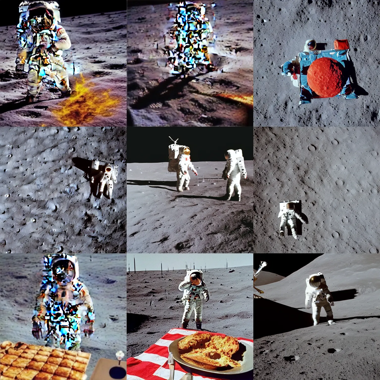 Prompt: A photo of an astronaut on the moon without his helmet, eating garlic bread, with knife and fork. | Red tablecloth | Earth in background | Grey moon craters | 1969 Apollo 11 landing | 120mm wide shot