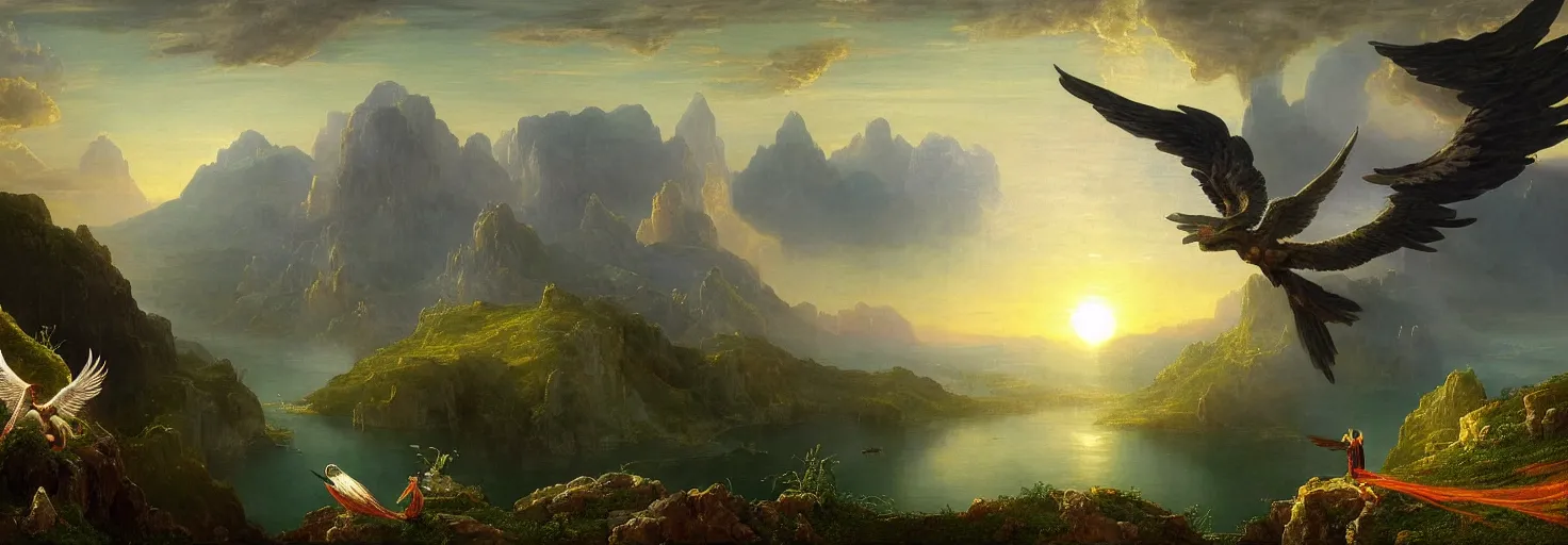 Image similar to Icarus with his wings on fire in a downward tailspin while Daedalus bows his head in disbelief from his workshop in the mountains below. in the style of a surreal and awe-inspiring thomas cole and albert Bierstadt digital art panoramic landscape painting at sunset. unreal engine, 4k, matte, exquisite detail, lens pop