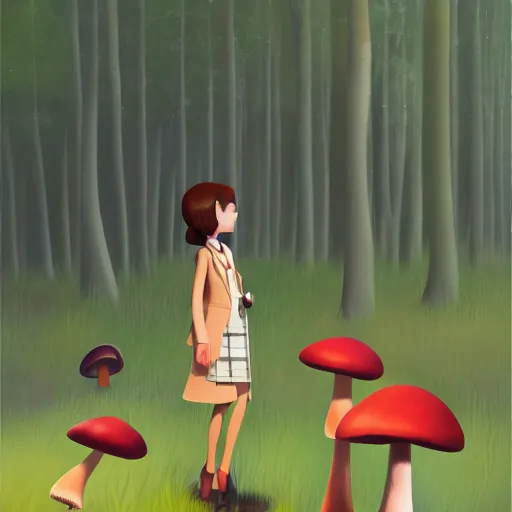 Image similar to goro fujita ilustration brunette girl in a checkered suit, picking mushrooms in the forest, painting by goro fujita, sharp focus, highly detailed, artstation