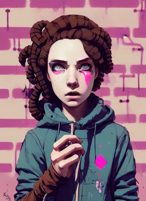 Prompt: highly detailed portrait of a sewer punk young woman, blue eyes, tartan hoody, ringlet hair by atey ghailan, by greg rutkowski, by greg tocchini, by james gilleard, by joe fenton, by kaethe butcher, gradient pink, brown, light blue and white color scheme, grunge aesthetic!!! ( ( graffiti tag wall background ) )