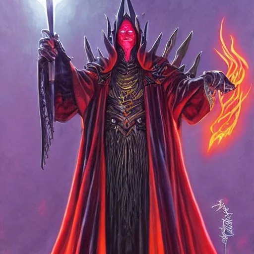 Prompt: majestic fiery Sauron the shadow Necromancer wizard by Mark Brooks, Donato Giancola, Victor Nizovtsev, Scarlett Hooft, Graafland, Chris Moore