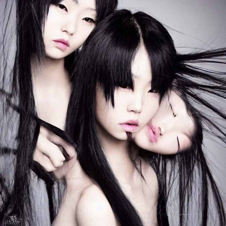 Image similar to professional photograph of female japanese models in emo makeup, long hair, fringe