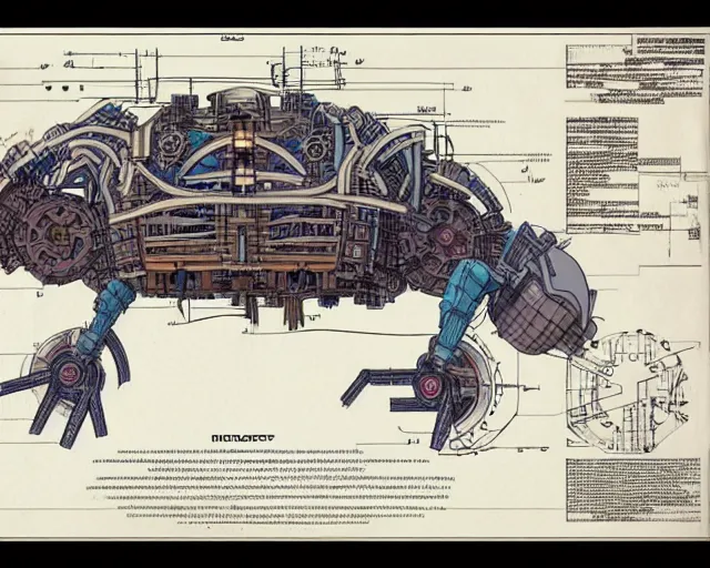 Image similar to a full page of a mechanical blueprint showing a design for a mechanized sloth from howl's moving castle ( 2 0 0 4 ), with a big head, muted colors, post grunge, studio ghibli, hq,