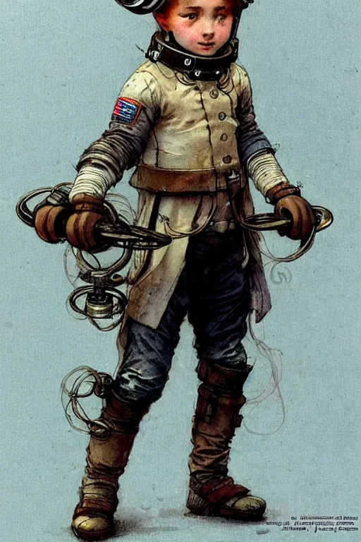 Image similar to ( ( ( ( ( 1 2 5 0 s retro future 1 0 year boy old super scientest in space pirate mechanics costume. muted colors. childrens layout, ) ) ) ) ) by jean - baptiste monge,!!!!!!!!!!!!!!!!!!!!!!!!!