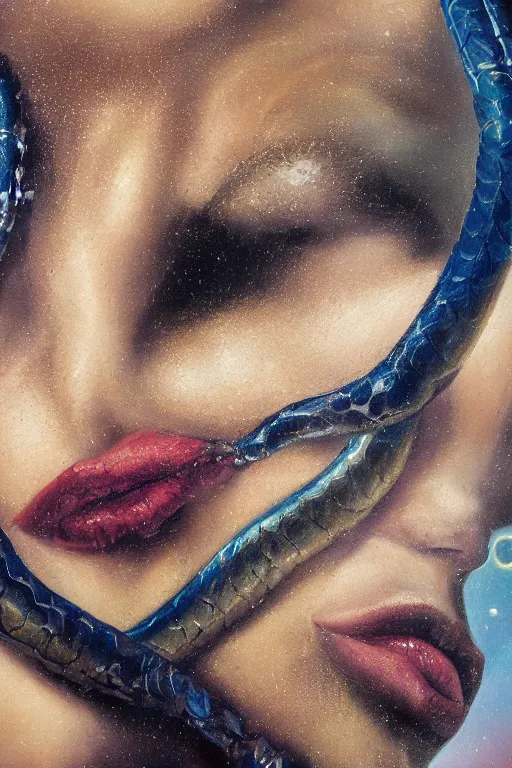 Image similar to hyperrealism oil painting, close - up portrait of face from a tangle of snakes fashion model, knight, steel gradient mixed with nebula sky, in style of baroque