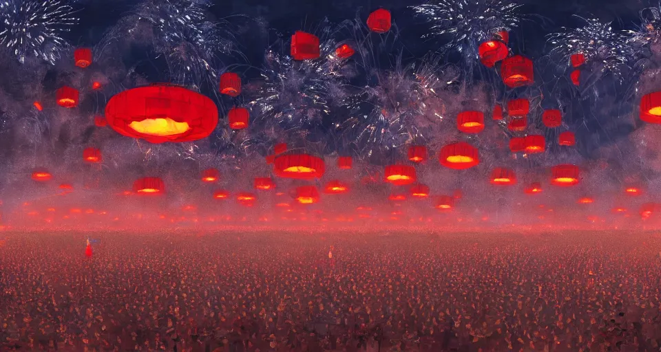 Image similar to craig mullins and ghibli digital art of zhongyuan festival in china ， red lanterns in the sky, black night sky, stars, fireworks, below is the crowd, fireworks, rivers, villages ， unreal engine, hyper realism, realistic shading, cinematic composition, realistic render, octane render, detailed textures, photorealistic, wide shot