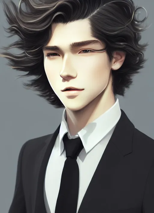 Image similar to young man with medium - length, curly, golden hair, perfectly proportioned face, aquamarine eyes, sweet smile, wearing a black suit, natural lighting, path traced, highly detailed, high quality, animation art, digital painting, by new haicheng and studio ghibli