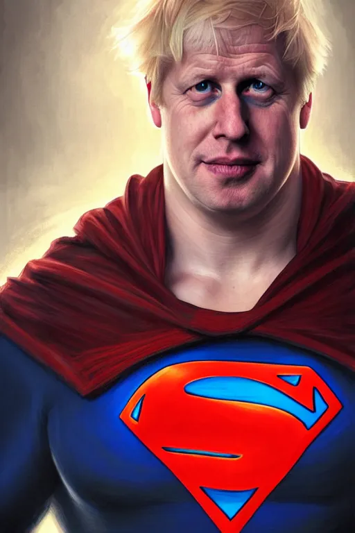 Prompt: Boris Johnson as Superman,realistic portrait, symmetrical, highly detailed, digital painting, artstation, concept art, smooth, sharp focus, illustration, cinematic lighting, art by artgerm and greg rutkowski and alphonse mucha