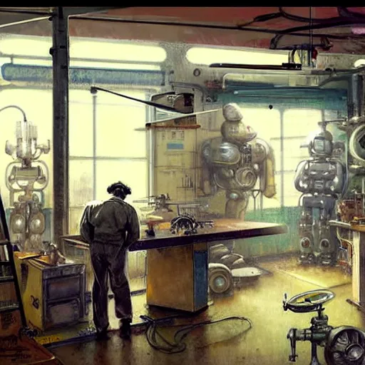 Image similar to ( ( ( ( ( 1 9 5 0 s retro boy inventors science fiction cluttered robot mechanics shop interior scene. muted colors. ) ) ) ) ) by jean - baptiste monge!!!!!!!!!!!!!!!!!!!!!!!!!!!!!!