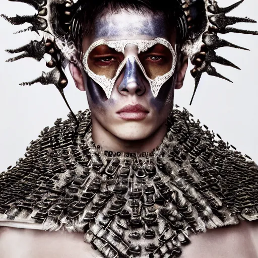 Image similar to a portrait of a beautiful young male wearing an alexander mcqueen armor made of virus, photographed by andrew thomas huang, artistic