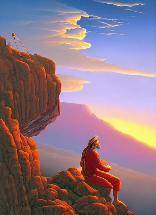 Image similar to an shaman sitting at the top of a cliff, looking down at the valley, doing a vision quest, beautiful sunset, art by vladimir kush