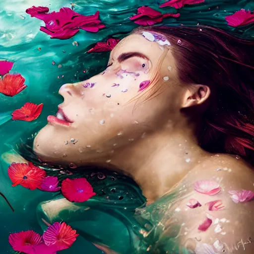 Prompt: epic portrait of a girls face laying in water, surrounded by loose petals, beautiful, high detail, concept art, realistic