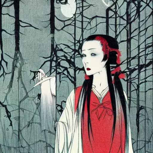 Image similar to beautiful vampire goth woman with red eyes surrounded by ghosts and shadows in a hallway of mirrors, Takato Yamamoto, award winning illustration, character concept