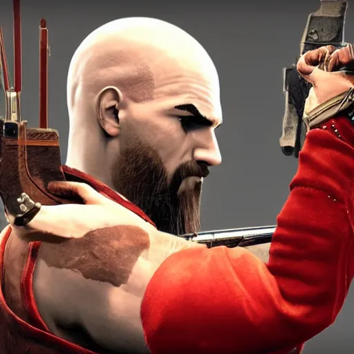 Prompt: kratos wearing hitman's suit holding double deagle