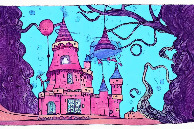 Image similar to a drawing of a pink and blue castle, a storybook illustration by dr seuss, tumblr, psychedelic art, concept art, storybook illustration, whimsical