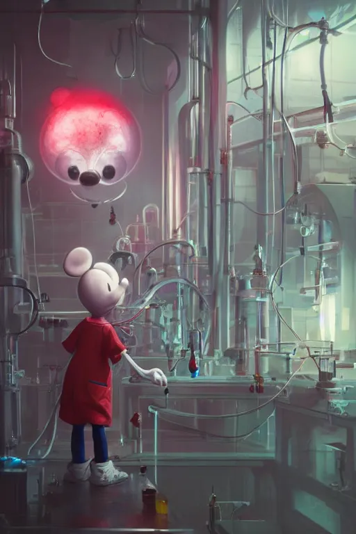 Image similar to mechanics scientist in lab facility looking at bloody mickey mouse head lifted by claw,, made by beeple, cgsociety, artgerm, greg rutkowski, highly detailed intricate 4 k art, low light cinematic, octane render, unreal engine, smooth concept art