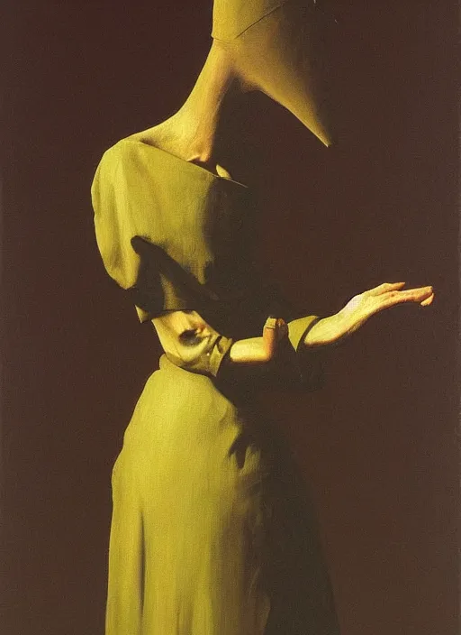 Image similar to woman with a paper bag over the head and a sward Edward Hopper and James Gilleard, Zdzislaw Beksinski, Steven Outram highly detailed