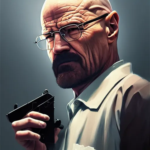 Image similar to portrait of walter white holding a colt model 1 9 1 1, 4 k, concept art, by wlop, ilya kuvshinov, artgerm, krenz cushart, greg rutkowski, pixiv. cinematic dramatic atmosphere, sharp focus, volumetric lighting, cinematic lighting, studio quality