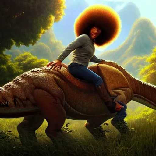 Image similar to bob ross!!! riding!!! a dinosaur!!, giant afro!, model pose, ultra realistic, concept art, intricate details, highly detailed, photorealistic, octane render, 8 k, unreal engine. art by artgerm and greg rutkowski and alphonse mucha