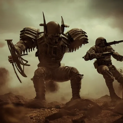 Prompt: chaos knight tyrant looming over terrified world war two soldiers, realistic shading, octane render, extremely detailed, 4 k