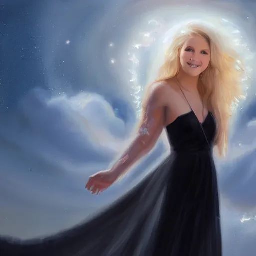 Prompt: a painting of an angel, a young woman with long blond hair and a halo wearing a black top and beautiful dress, smiling in heaven, jessica rossier