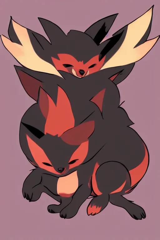 Image similar to zorua pokemon, stylised fox - like appearance, black and auburn colour pallet, thick furry neck and chest fluff, stylised paintbrush end with ink on top of head as hair, pokemon concept art multiple angles, super detailed, clean lines, digital art