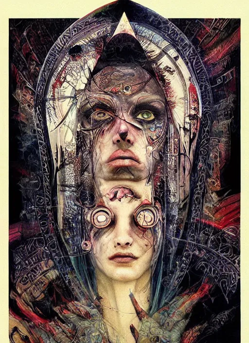 Image similar to tripping magic cult psychic woman, painted face, third eye, energetic consciousness psychedelic, epic surrealism expressionism symbolism, symmetrical face, by joao ruas, karol bak, masterpiece