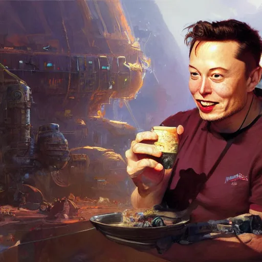 Prompt: Elon Musk selling momos, closeup character art by Donato Giancola, Craig Mullins, digital art, trending on artstation