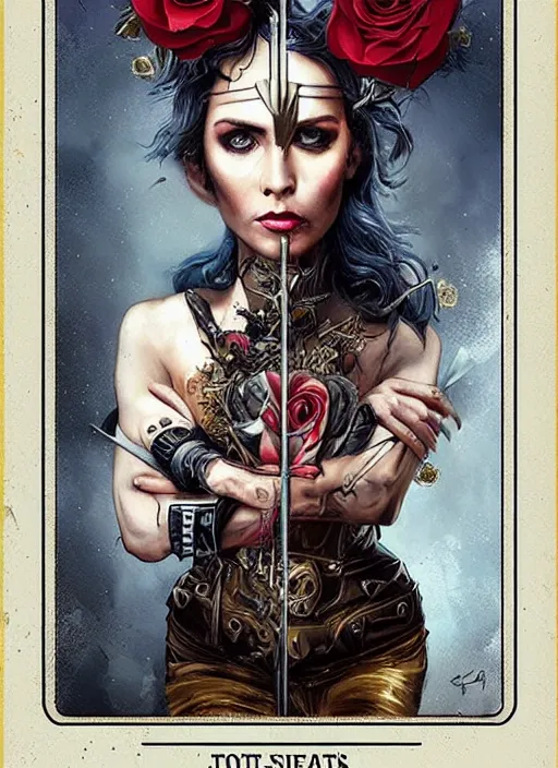 Image similar to tarot card :: horror :: hearts and roses :: gold and silver :: guns and swords :: by Sandra Chevrier and bastien lecouffe deharme