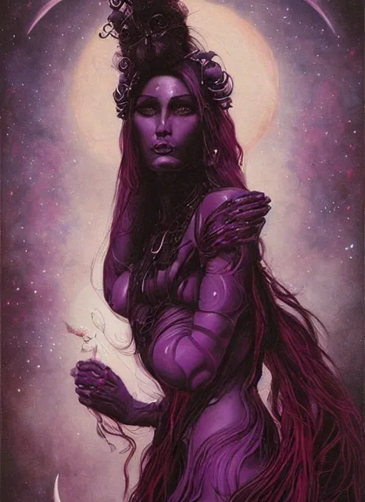 Image similar to portrait of princess of the dreamlands and moon beast, beautiful! coherent! by brom, deep colors, red maroon purple pink black, strong lines, rule of thirds